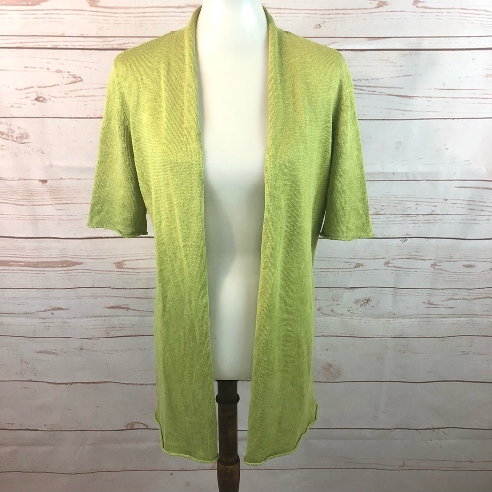 Eileen Fisher Chartreuse Short Sleeve Linen Knit Kimono Cardigan